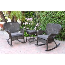 Windsor Espresso Wicker Rocker Chair And End Table Set With Steel Blue Chair Cushion