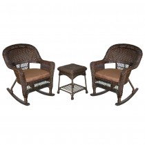 3pc Espresso Rocker Wicker Chair Set With Brown Cushion