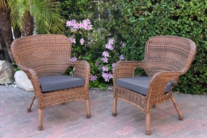 Set of 2 Windsor Honey Resin Wicker Chair with Steel Blue Cushion